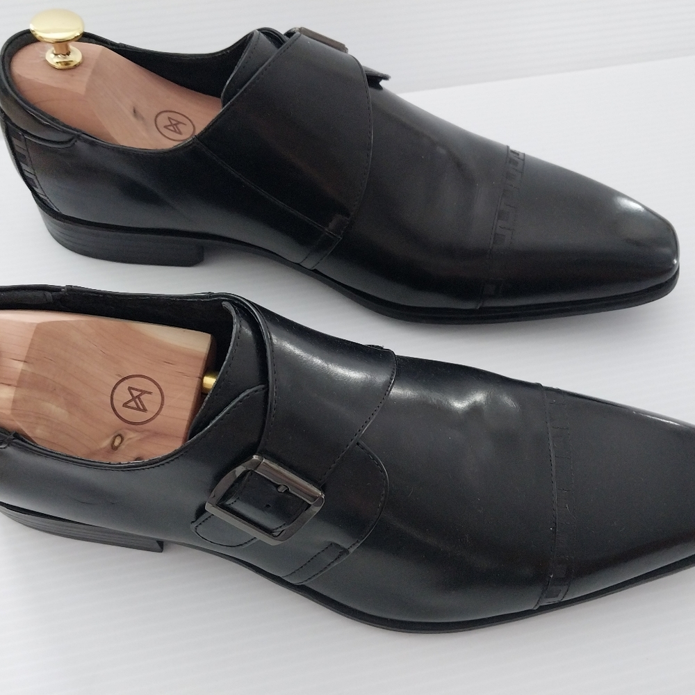 Stacy Adams Sleek Black Leather 12M Formal Dress Shoes Gunmetal Black Buckle